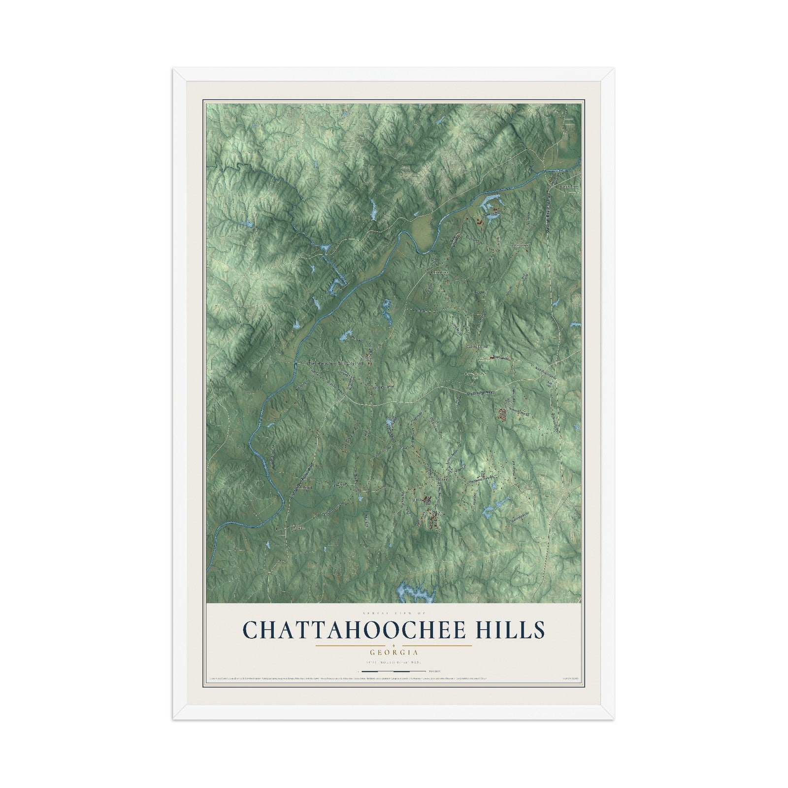 Chattahoochee Hills, Georgia map print, 12" x 18" W/ White Ayous Wood Frame mockup