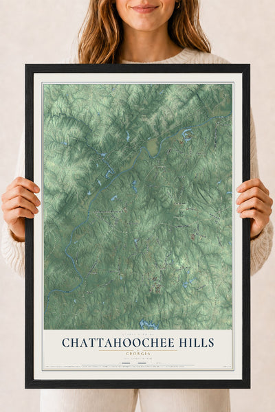 Chattahoochee Hills, Georgia map print, 18" x 24" W/ Black Ayous Wood Frame mockup