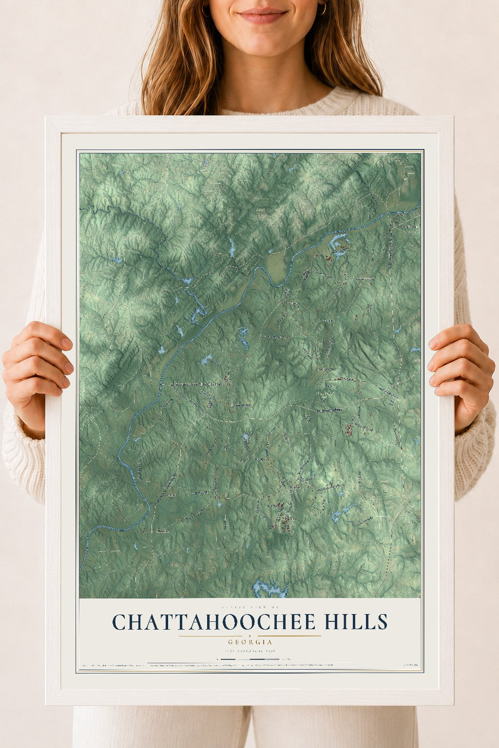 Chattahoochee Hills, Georgia map print, 18" x 24" W/ White Ayous Wood Frame mockup