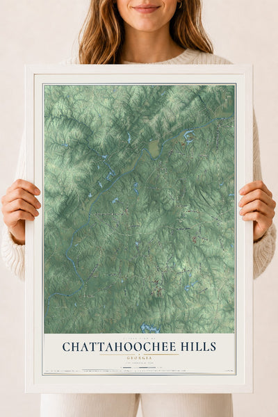 Chattahoochee Hills, Georgia map print, 18" x 24" W/ White Ayous Wood Frame mockup