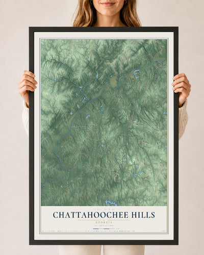 Chattahoochee Hills, Georgia map print, 24" x 36" W/ Black Ayous Wood Frame mockup