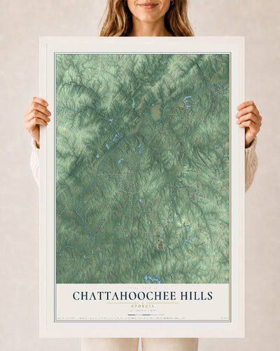 Chattahoochee Hills, Georgia map print, 24" x 36" W/ White Ayous Wood Frame mockup