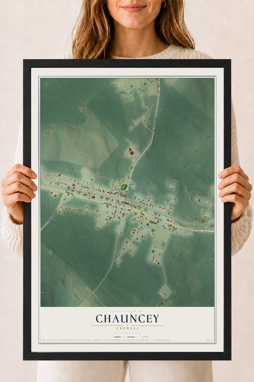 Chauncey, Georgia map print, 18" x 24" W/ Black Ayous Wood Frame mockup