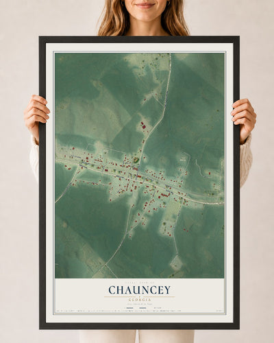 Chauncey, Georgia map print, 24" x 36" W/ Black Ayous Wood Frame mockup