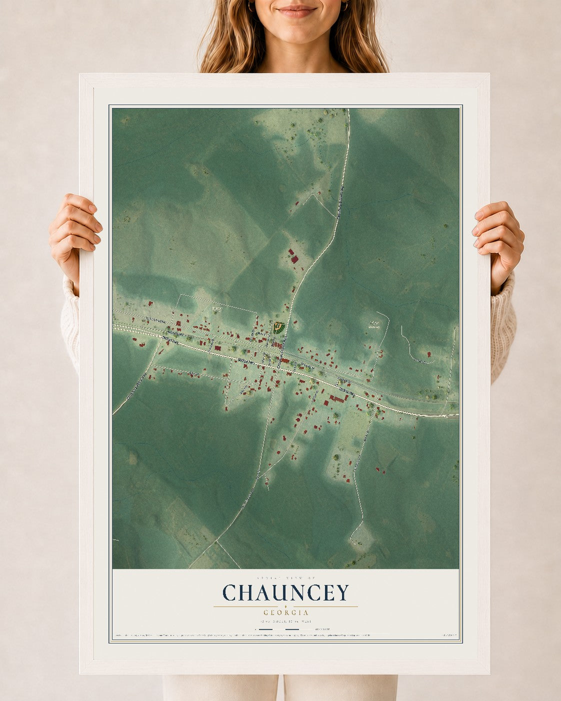 Chauncey, Georgia map print, 24" x 36" W/ White Ayous Wood Frame mockup