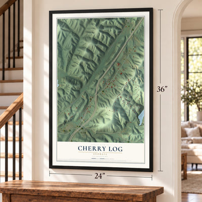 Cherry Log, Georgia map, 24 x 36 inch print in a black frame by a staircase