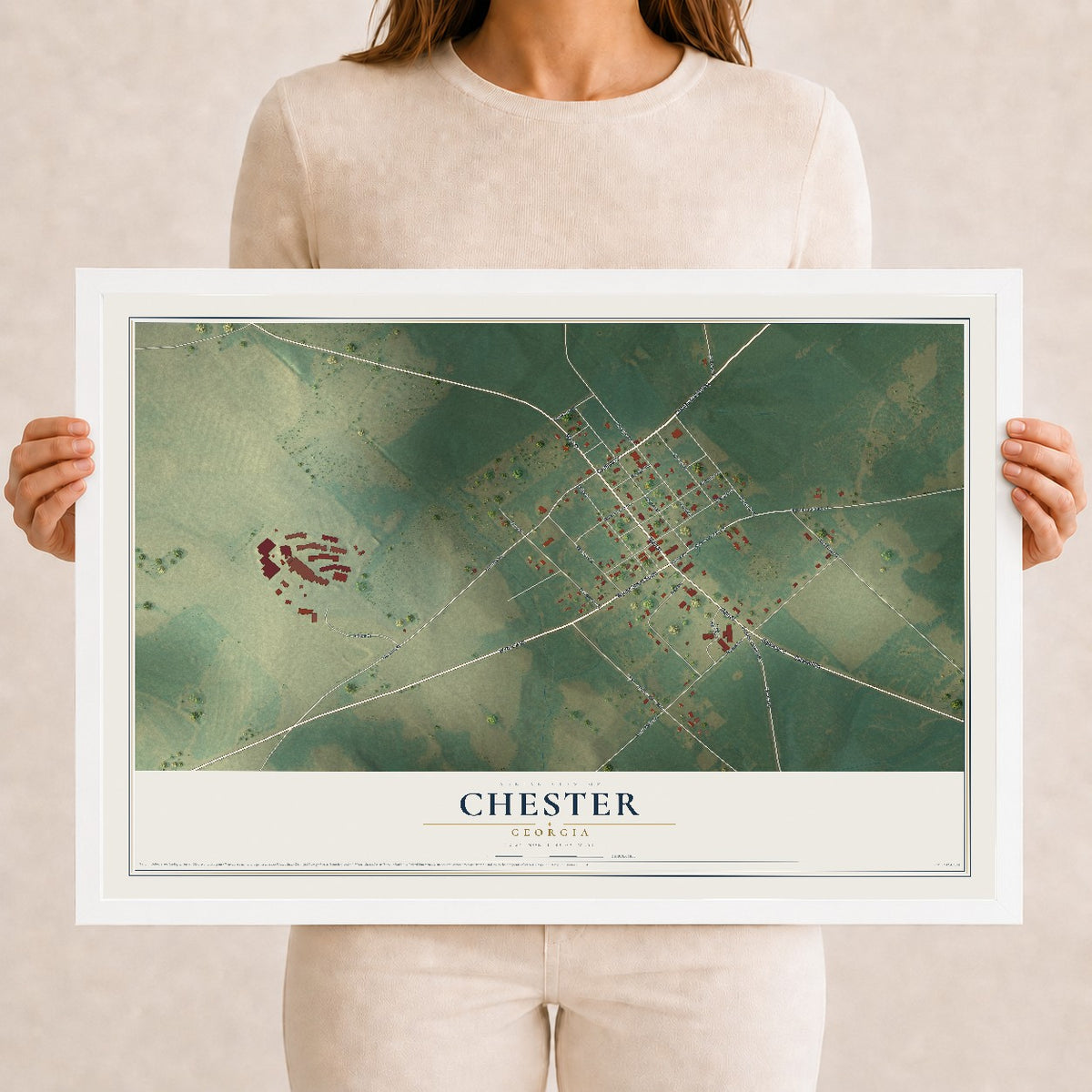 Chester, Georgia map print, 12" x 18" W/ White Ayous Wood Frame mockup