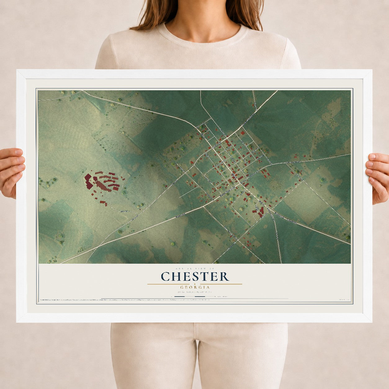 Chester, Georgia map print, 18" x 24" W/ White Ayous Wood Frame mockup