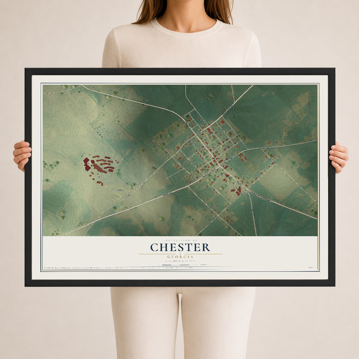 Chester, Georgia map print, 24" x 36" W/ Black Ayous Wood Frame mockup