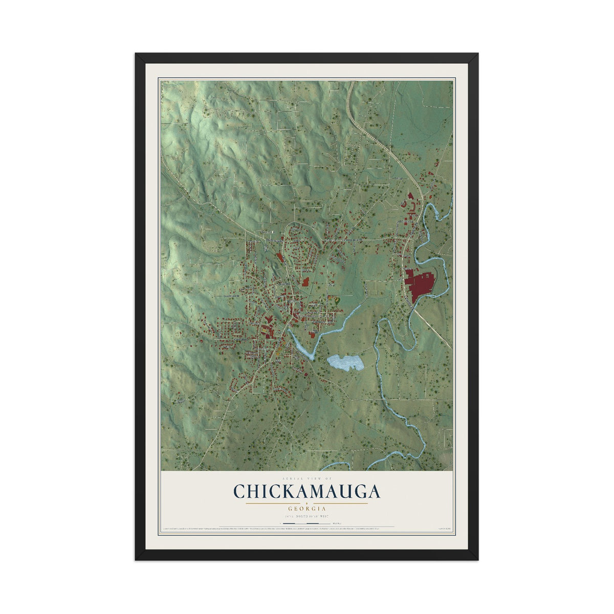 Chickamauga, Georgia map print, 12" x 18" W/ Black Ayous Wood Frame mockup