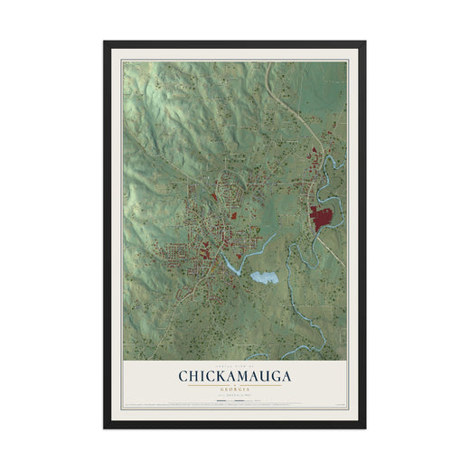 Map of Chickamauga, Georgia, 12 x 18 inch print in a black wood frame