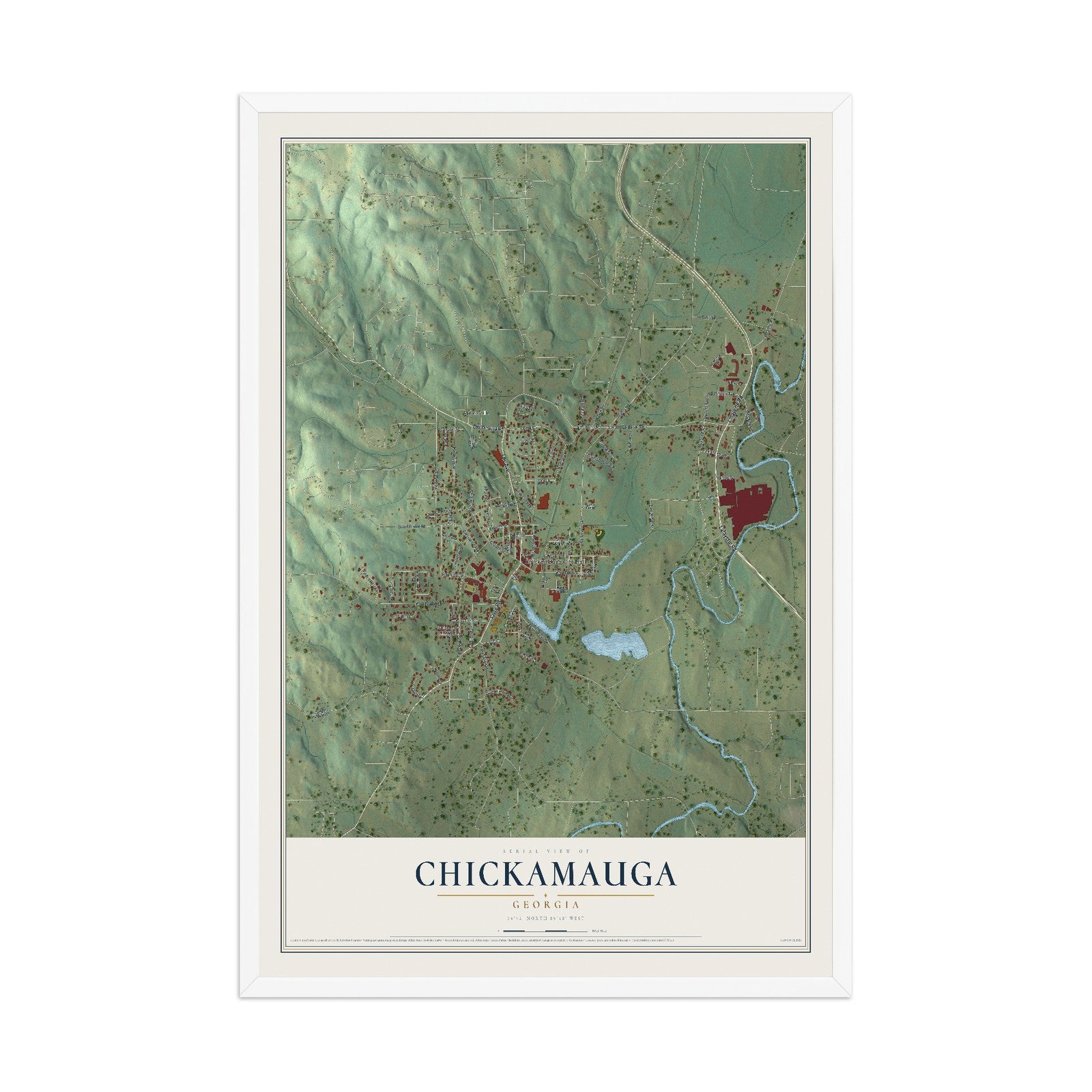 Chickamauga, Georgia map print, 12" x 18" W/ White Ayous Wood Frame mockup
