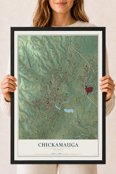 Chickamauga, Georgia map print, 18" x 24" W/ Black Ayous Wood Frame mockup