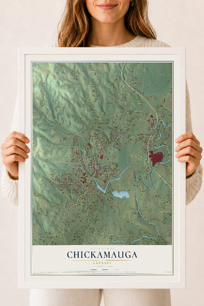Chickamauga, Georgia map print, 18" x 24" W/ White Ayous Wood Frame mockup