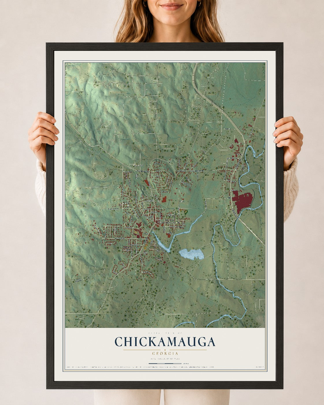 Chickamauga, Georgia map print, 24" x 36" W/ Black Ayous Wood Frame mockup