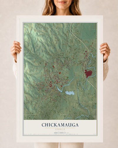 Chickamauga, Georgia map print, 24" x 36" W/ White Ayous Wood Frame mockup