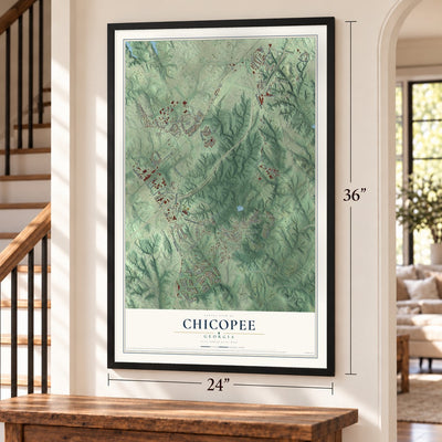 Chicopee, Georgia map, 24 x 36 inch print in a black frame by a staircase