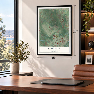 Clarkdale, Georgia map, 18 x 24 inch print in a black frame in a home office