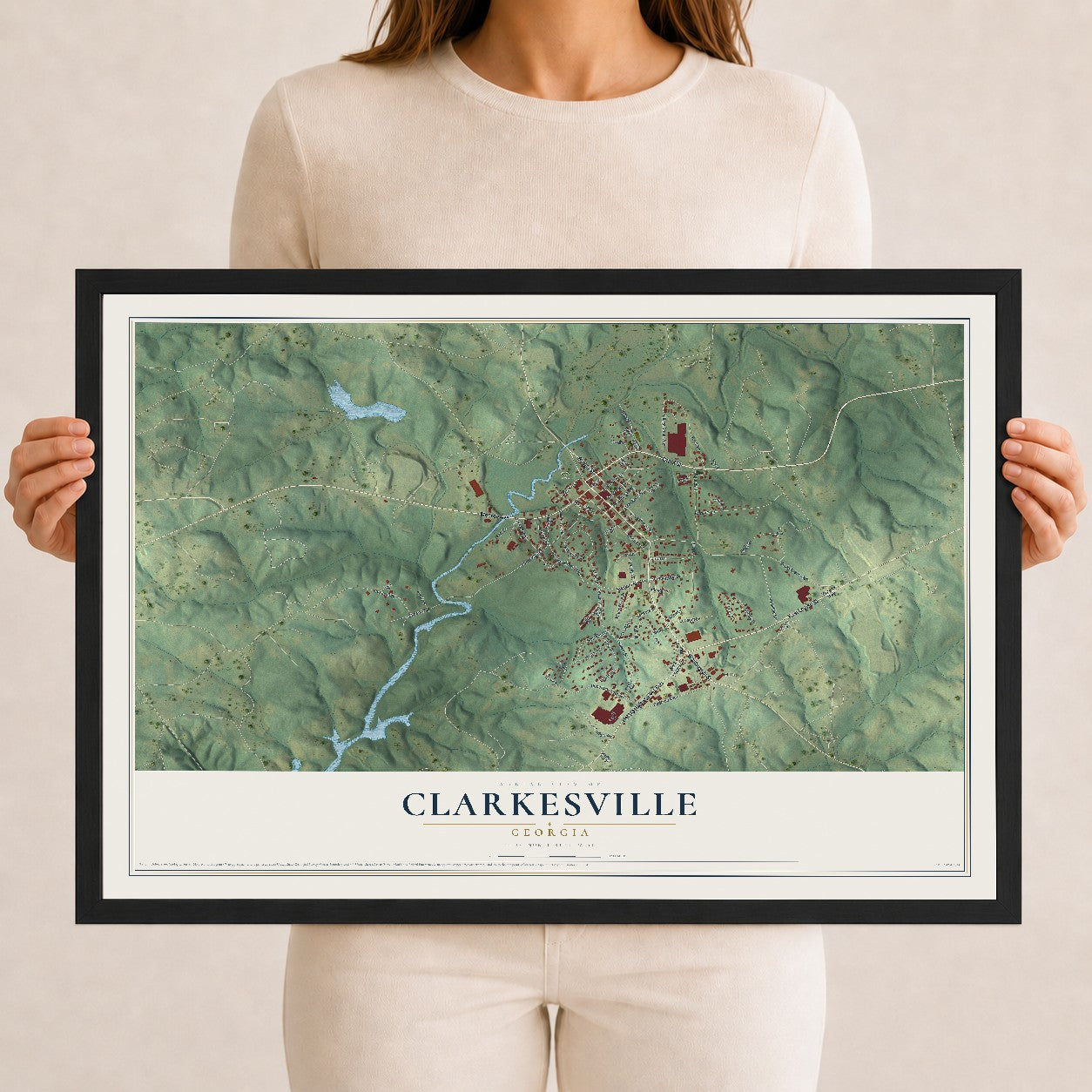 Clarkesville, Georgia map print, 12" x 18" W/ Black Ayous Wood Frame mockup