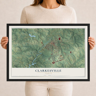 Clarkesville, Georgia map print, 12" x 18" W/ Black Ayous Wood Frame mockup