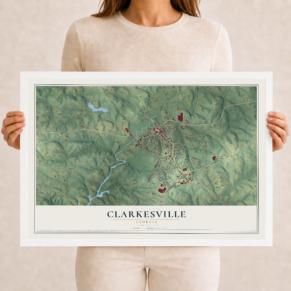 Clarkesville, Georgia map print, 12" x 18" W/ White Ayous Wood Frame mockup