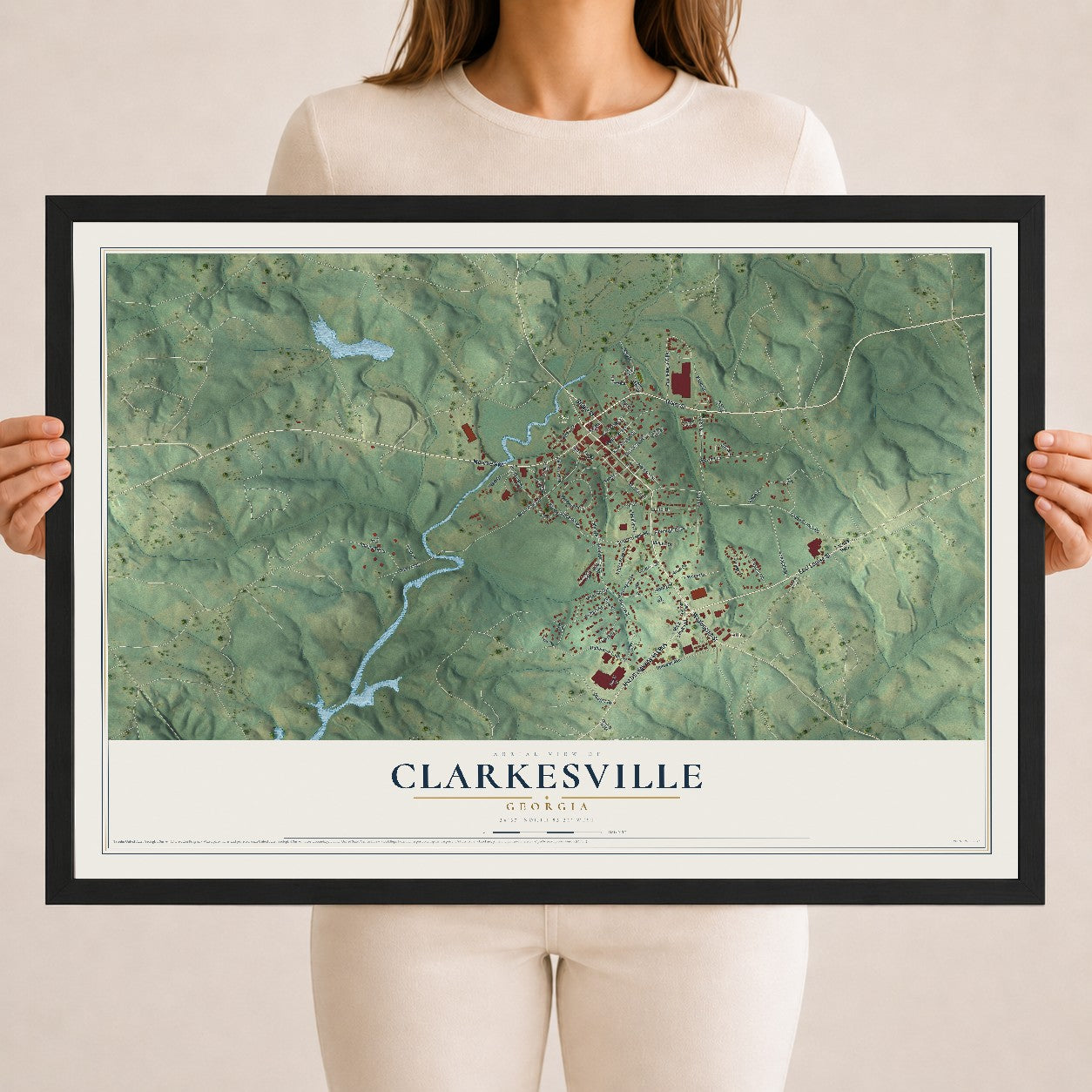 Clarkesville, Georgia map print, 18" x 24" W/ Black Ayous Wood Frame mockup