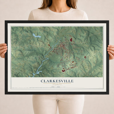 Clarkesville, Georgia map print, 18" x 24" W/ Black Ayous Wood Frame mockup