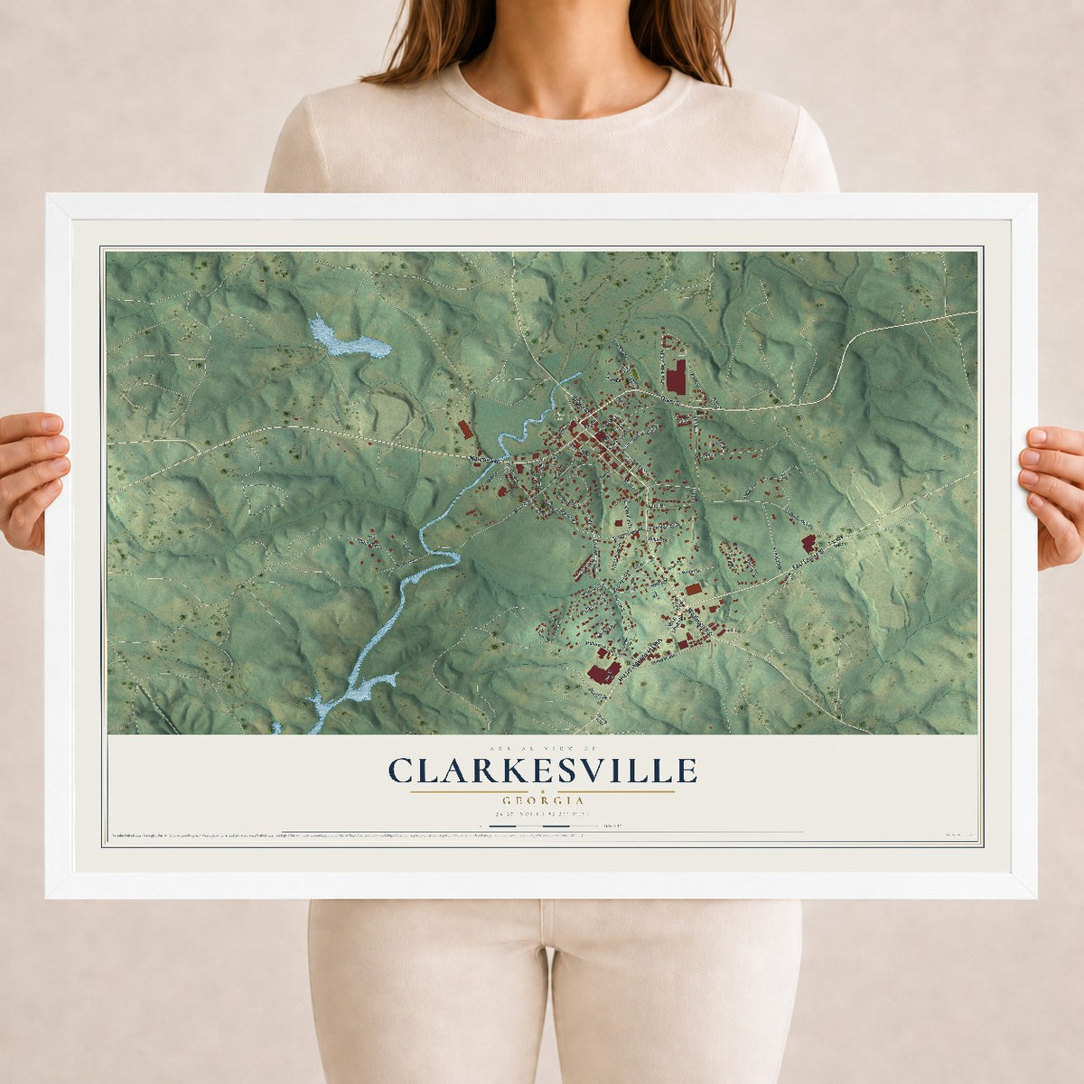 Clarkesville, Georgia map print, 18" x 24" W/ White Ayous Wood Frame mockup