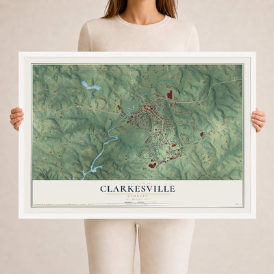 Clarkesville, Georgia map print, 24" x 36" W/ White Ayous Wood Frame mockup