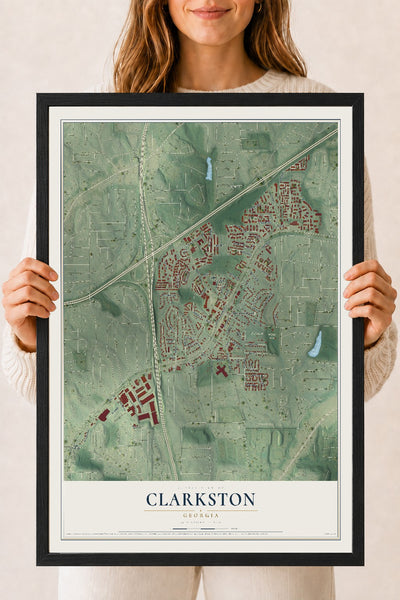 Clarkston, Georgia map print, 18" x 24" W/ Black Ayous Wood Frame mockup