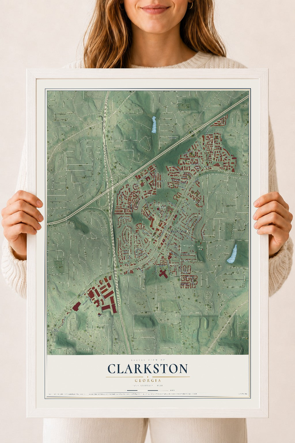 Clarkston, Georgia map print, 18" x 24" W/ White Ayous Wood Frame mockup