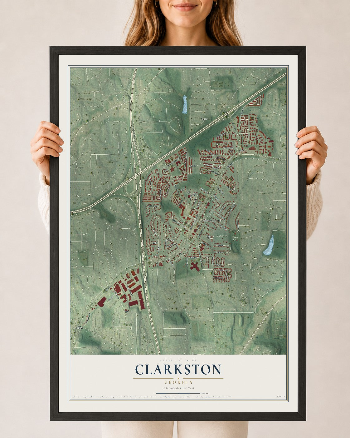 Clarkston, Georgia map print, 24" x 36" W/ Black Ayous Wood Frame mockup