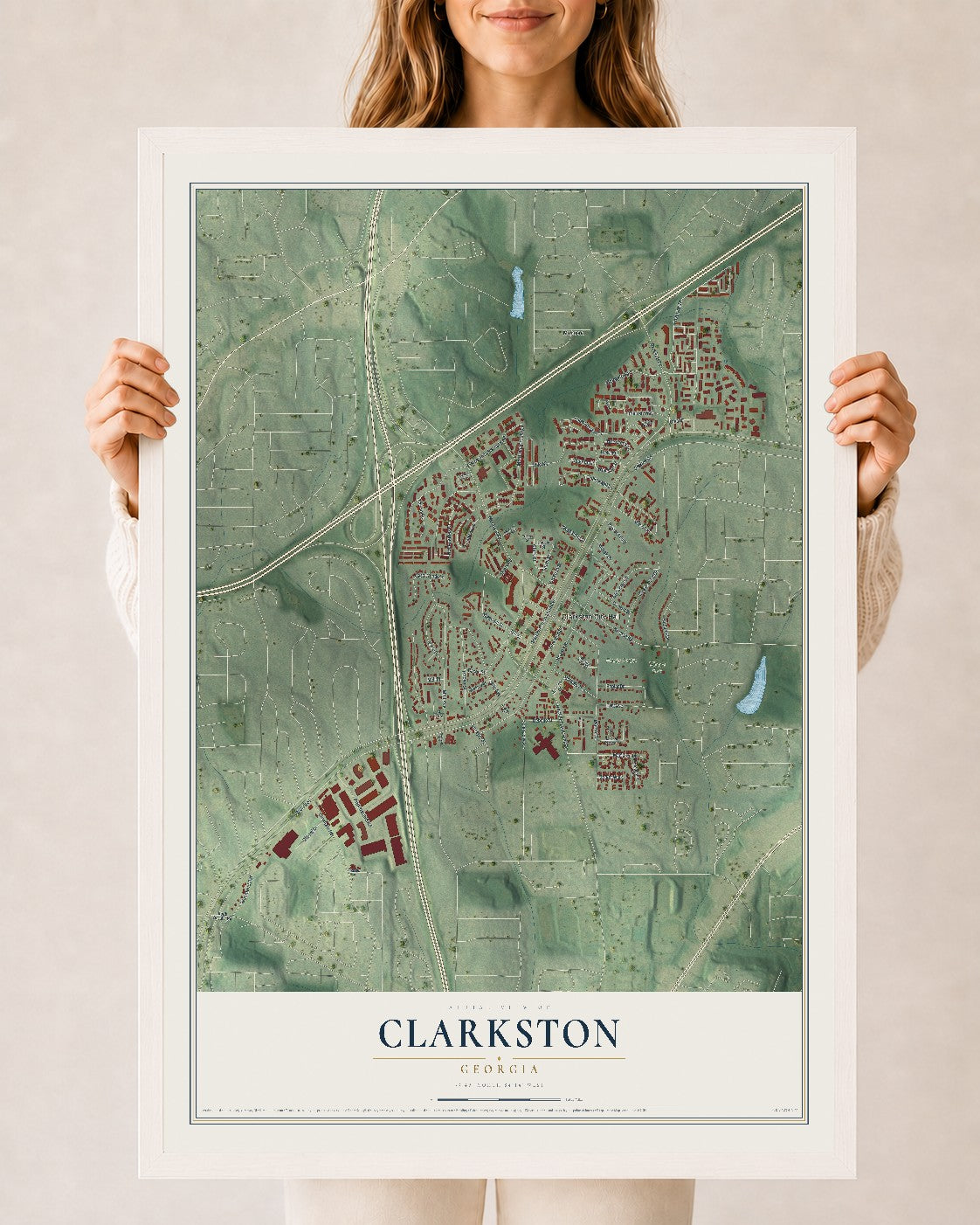 Clarkston, Georgia map print, 24" x 36" W/ White Ayous Wood Frame mockup