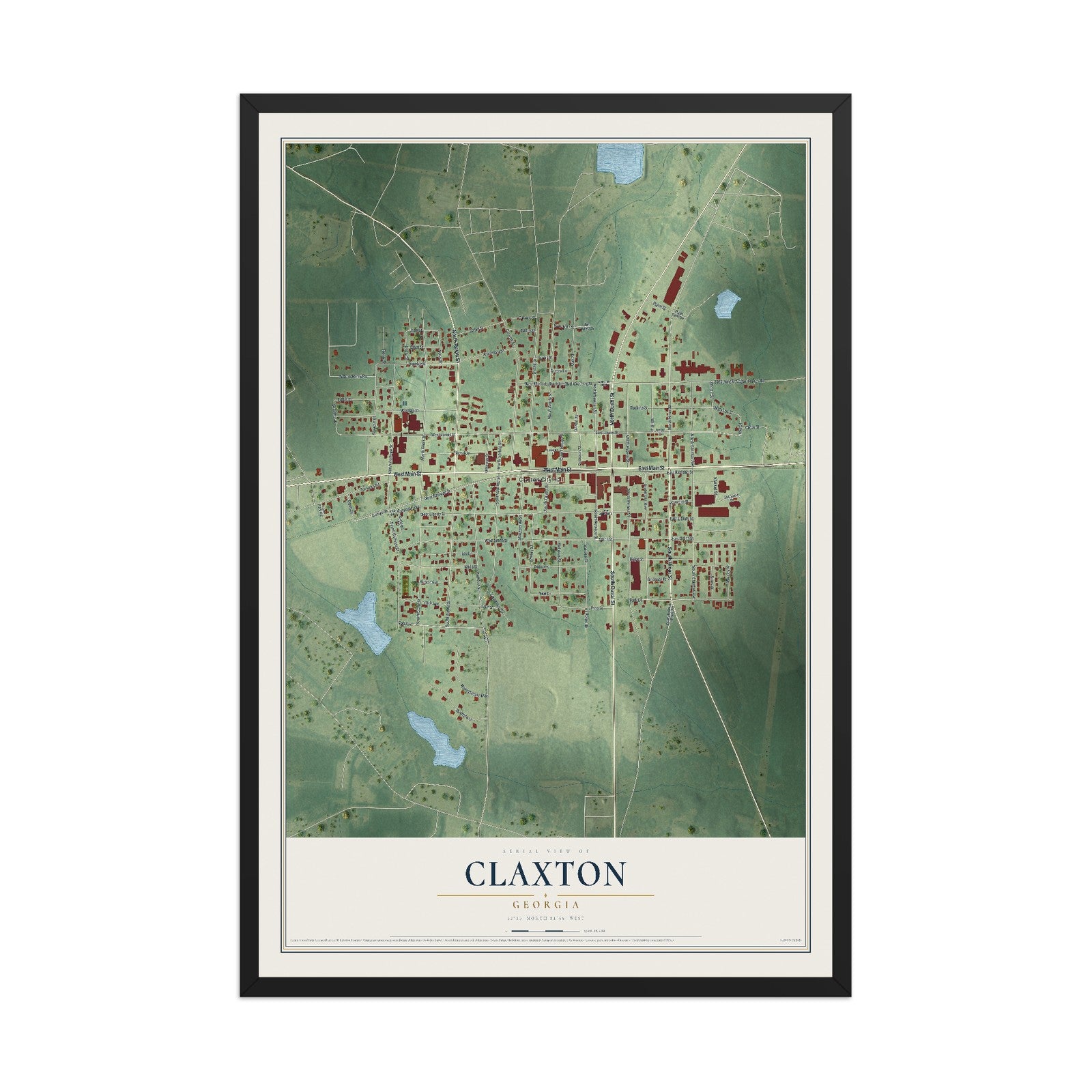 Claxton, Georgia map print, 12" x 18" W/ Black Ayous Wood Frame mockup