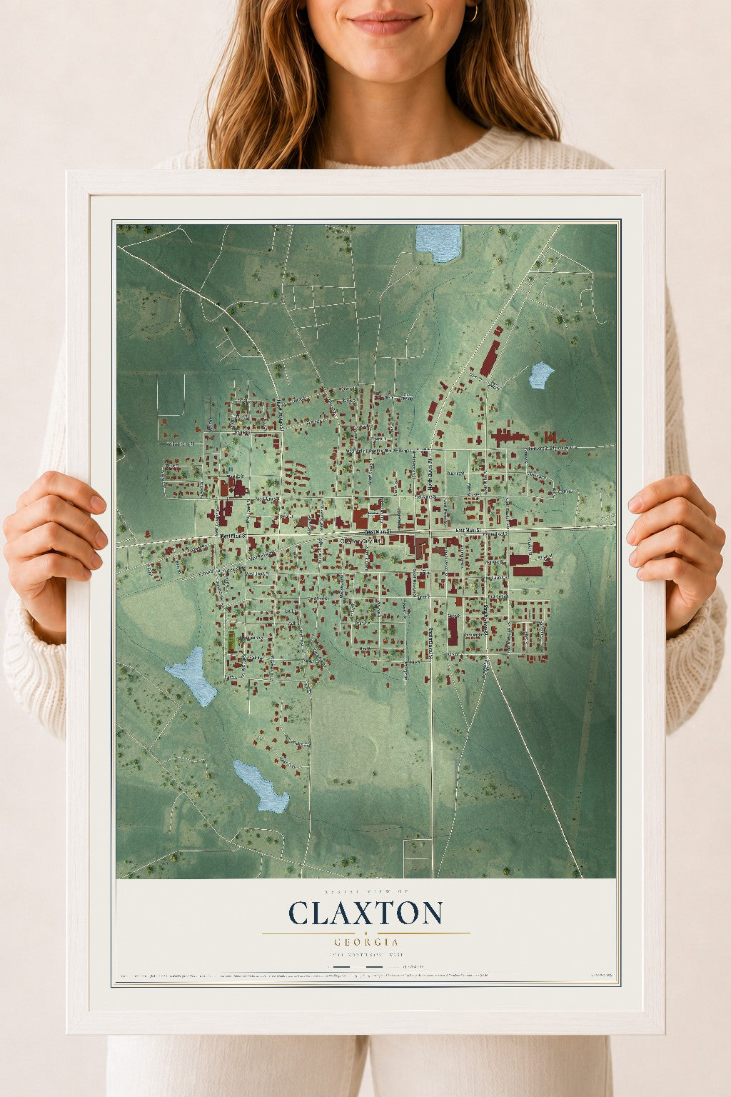 Claxton, Georgia map print, 18" x 24" W/ White Ayous Wood Frame mockup