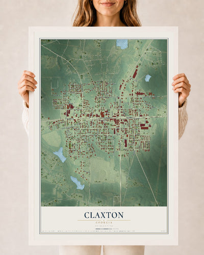 Claxton, Georgia map print, 24" x 36" W/ White Ayous Wood Frame mockup