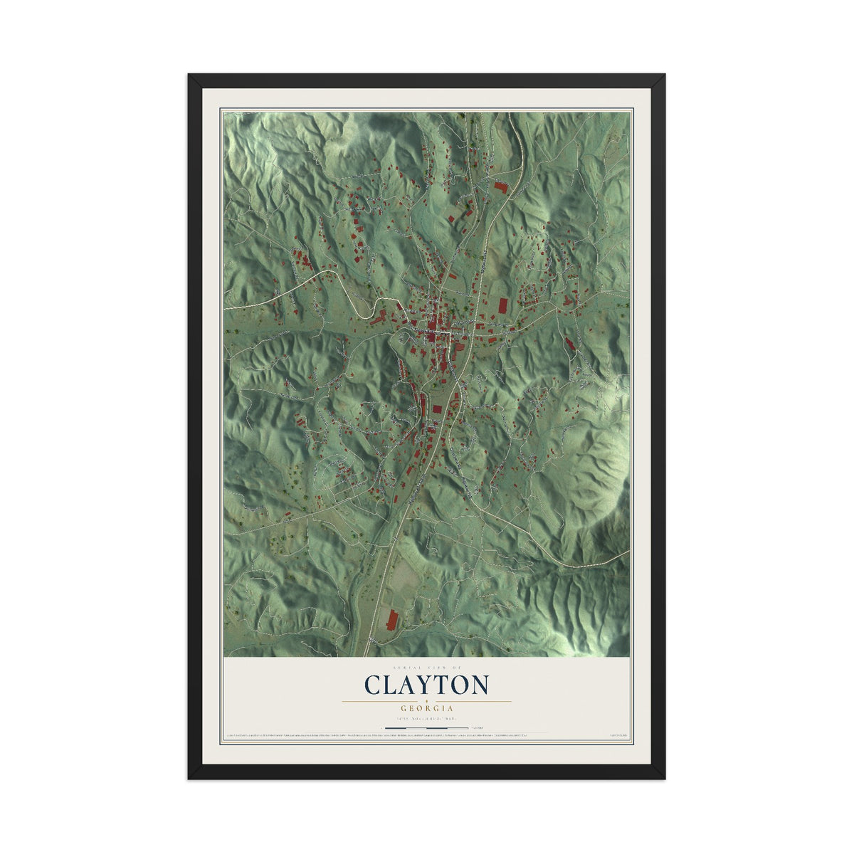 Clayton, Georgia map print, 12" x 18" W/ Black Ayous Wood Frame mockup