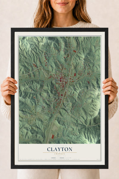 Clayton, Georgia map print, 18" x 24" W/ Black Ayous Wood Frame mockup