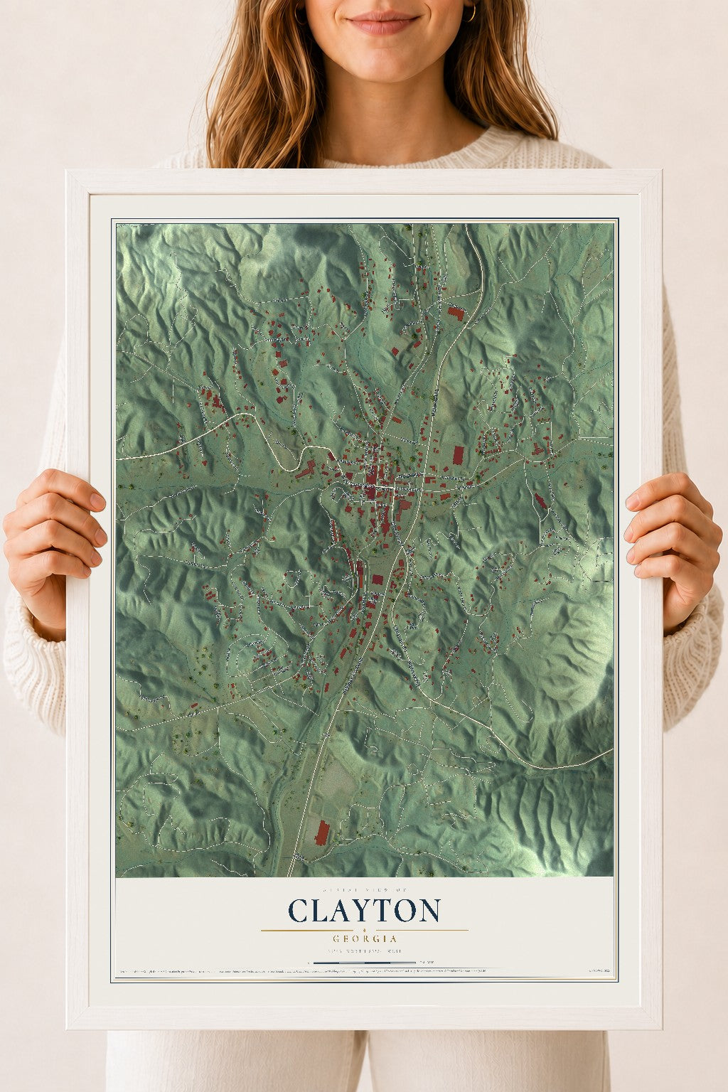 Clayton, Georgia map print, 18" x 24" W/ White Ayous Wood Frame mockup