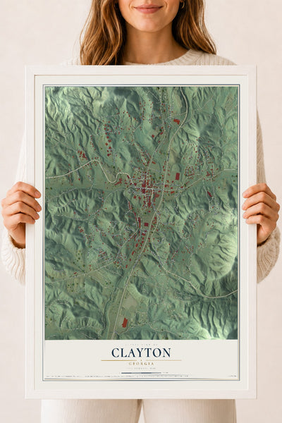 Clayton, Georgia map print, 18" x 24" W/ White Ayous Wood Frame mockup