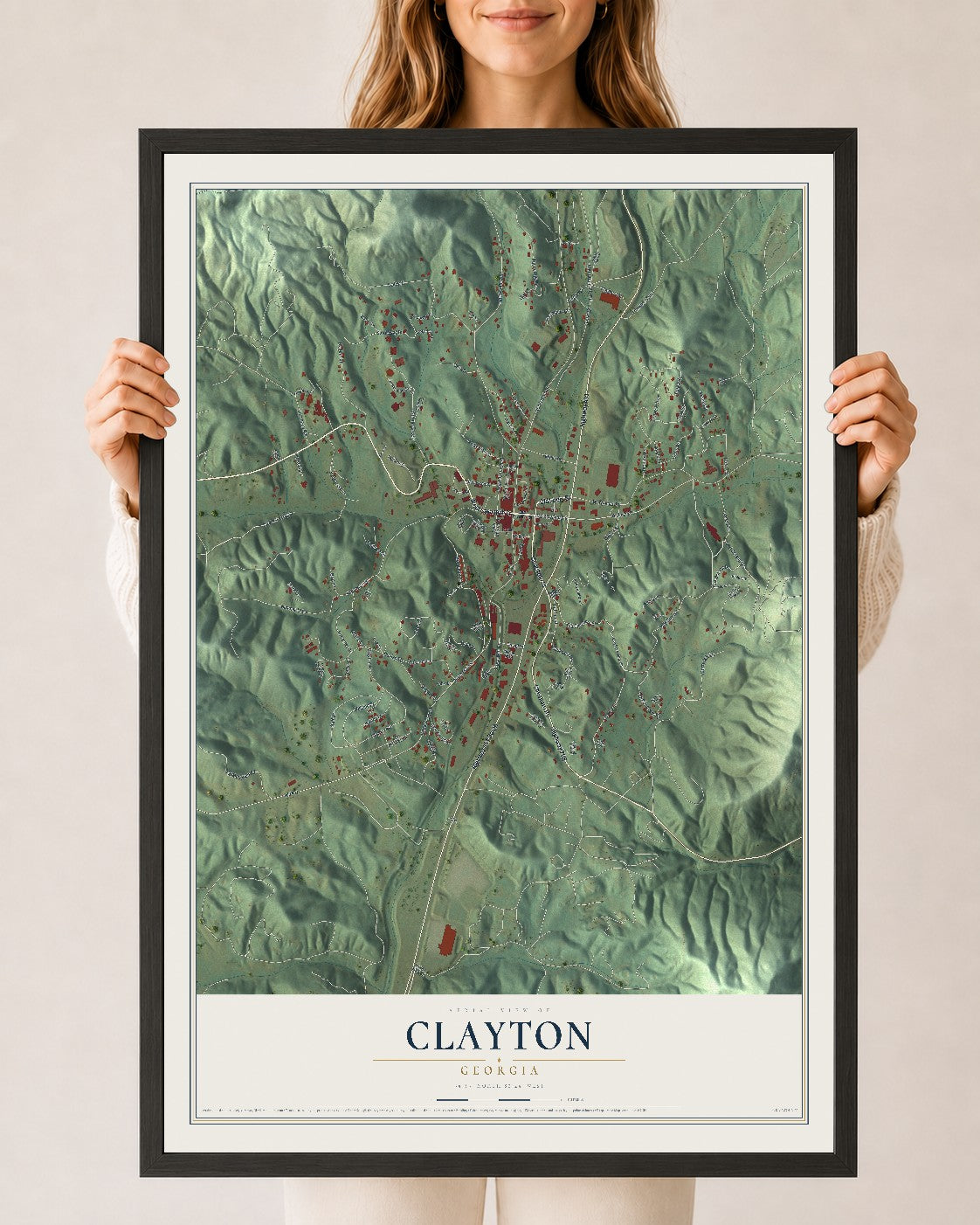 Clayton, Georgia map print, 24" x 36" W/ Black Ayous Wood Frame mockup