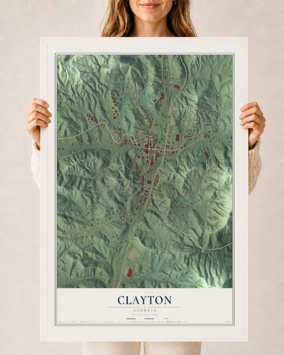 Clayton, Georgia map print, 24" x 36" W/ White Ayous Wood Frame mockup