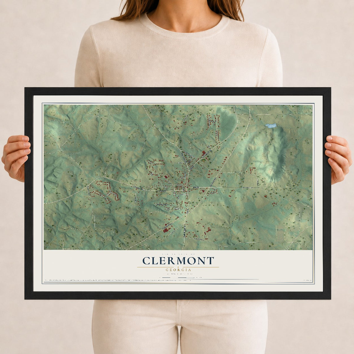 Clermont, Georgia map print, 12" x 18" W/ Black Ayous Wood Frame mockup