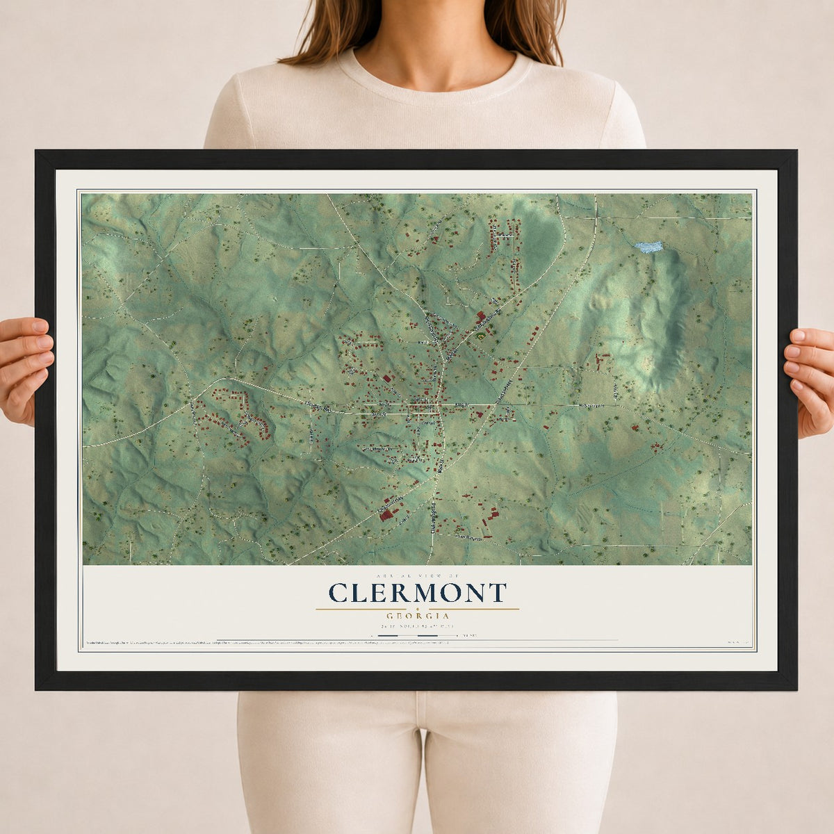 Clermont, Georgia map print, 18" x 24" W/ Black Ayous Wood Frame mockup