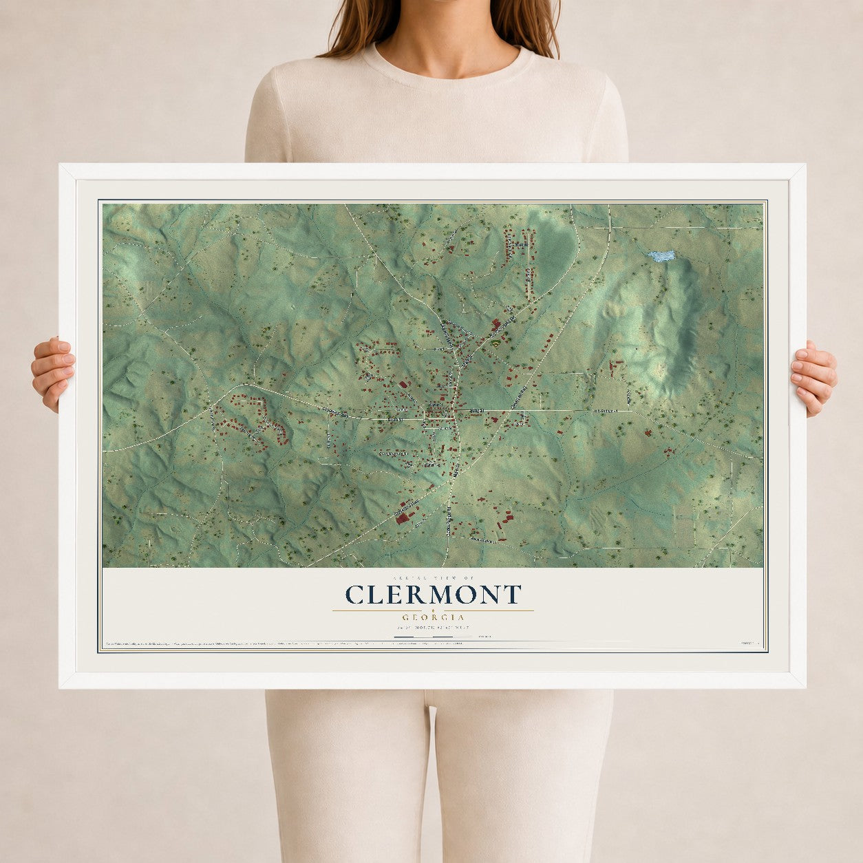 Clermont, Georgia map print, 24" x 36" W/ White Ayous Wood Frame mockup