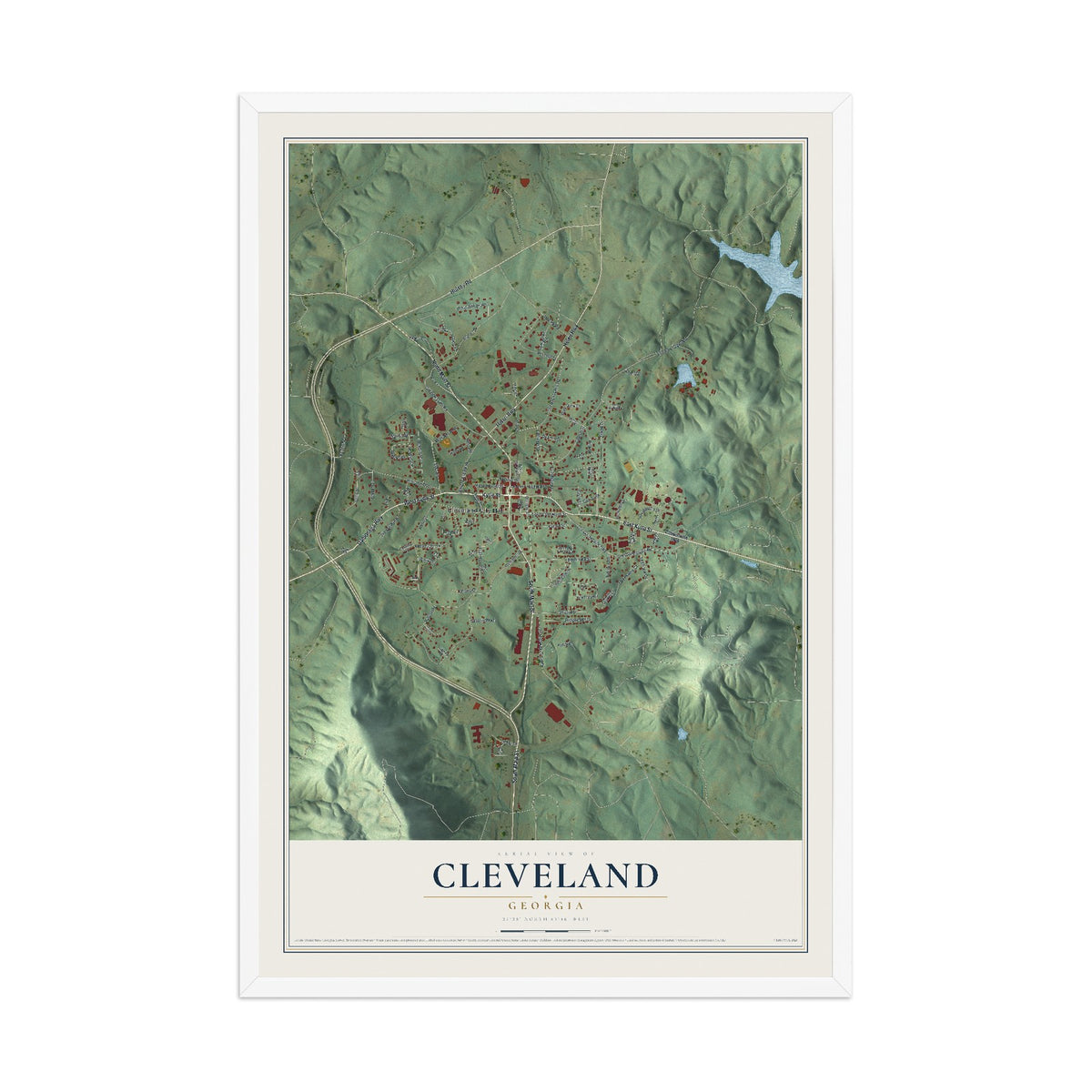 Cleveland, Georgia map print, 12" x 18" W/ White Ayous Wood Frame mockup