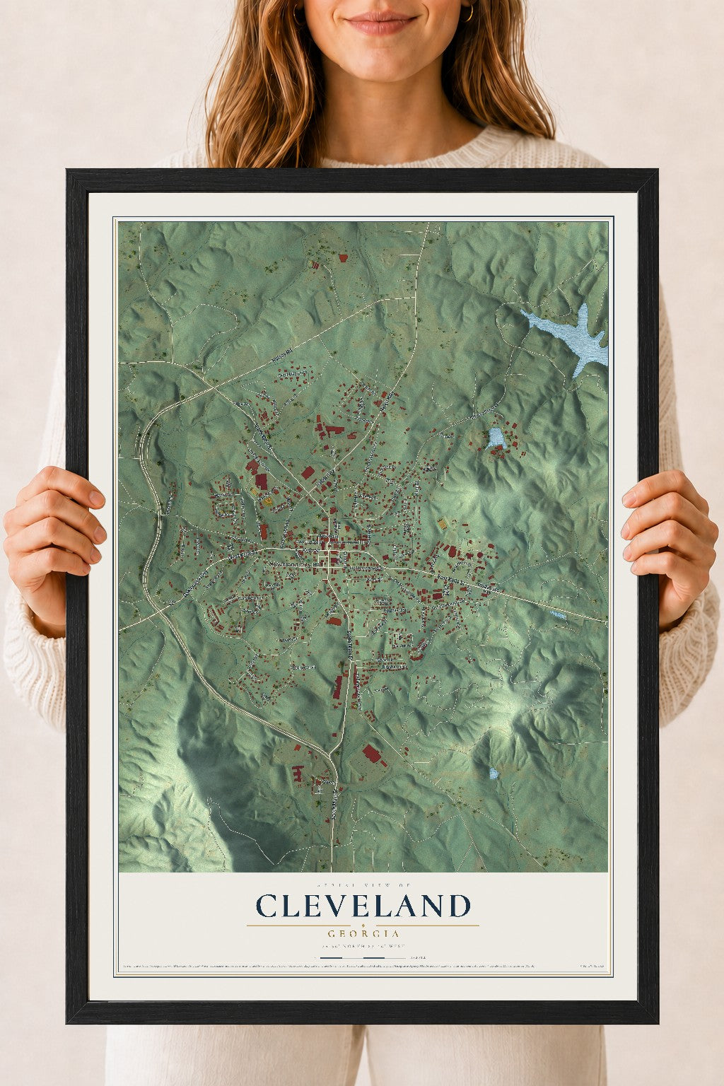 Cleveland, Georgia map print, 18" x 24" W/ Black Ayous Wood Frame mockup
