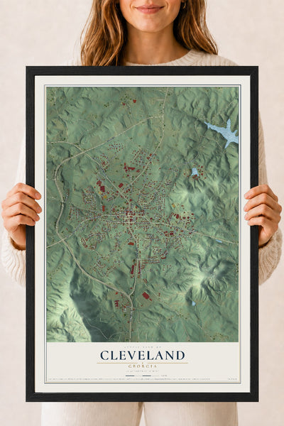 Cleveland, Georgia map print, 18" x 24" W/ Black Ayous Wood Frame mockup