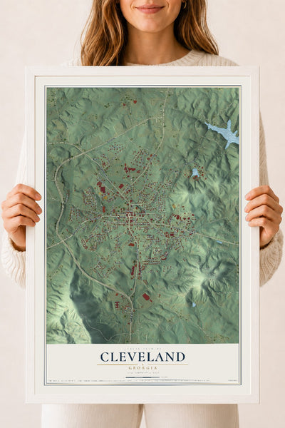 Cleveland, Georgia map print, 18" x 24" W/ White Ayous Wood Frame mockup