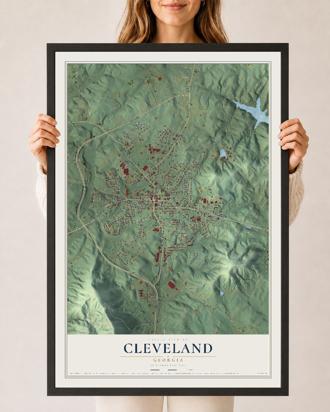 Cleveland, Georgia map print, 24" x 36" W/ Black Ayous Wood Frame mockup